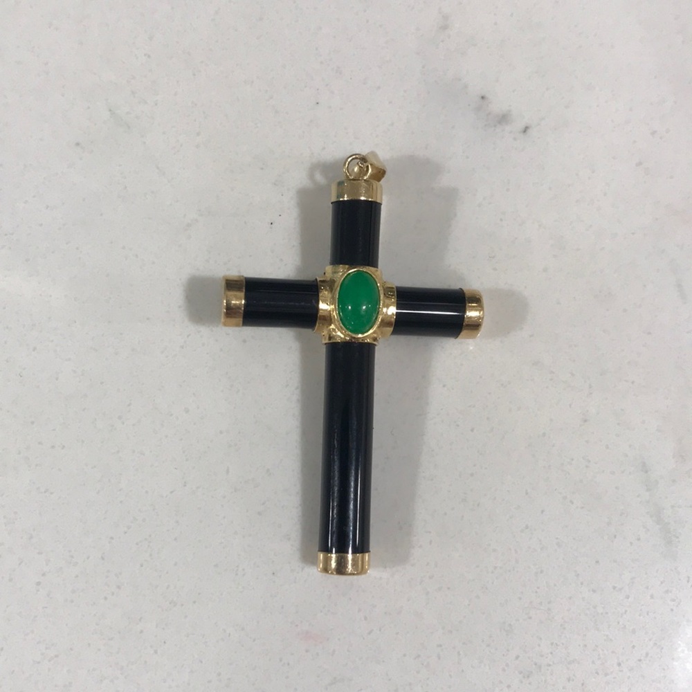 14k Onyx and Jade Cross Pendant